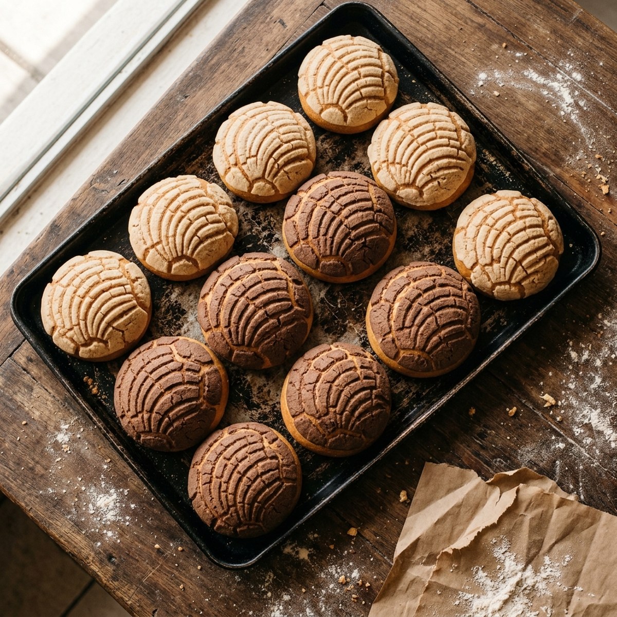 Charola de conchas recién horneadas