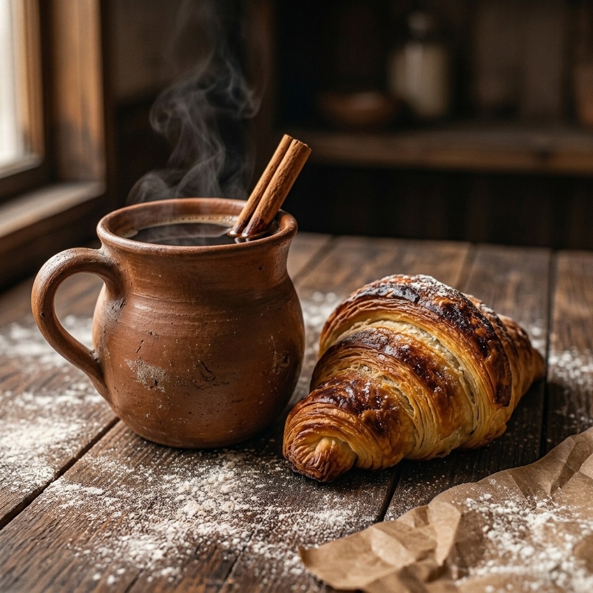 Café de olla en taza de barro con un cuernito
